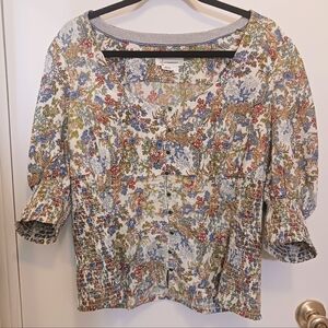 Anthropologie Smocked Floral Top Sz L Puff Sleeve Jade Buttons Peasant Boho EUC
